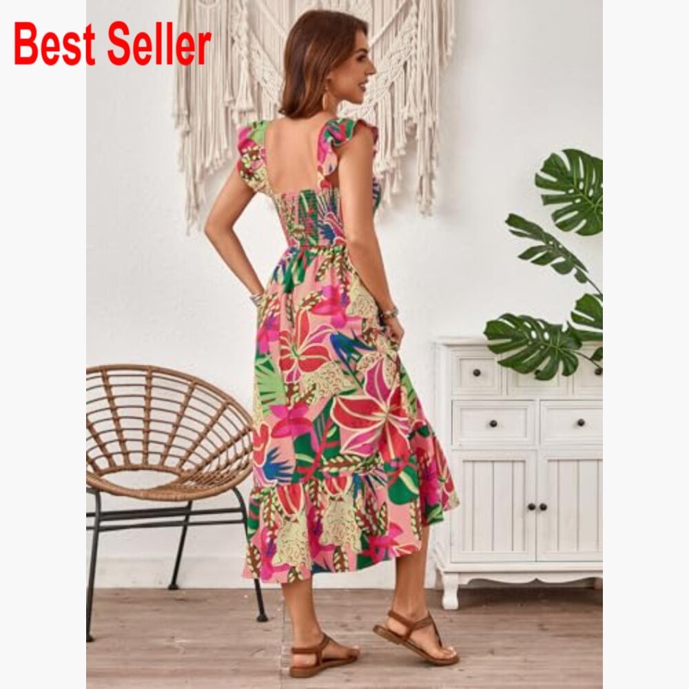 Polyester Elastane Square Neck A-Line Midi Dress … - image 2